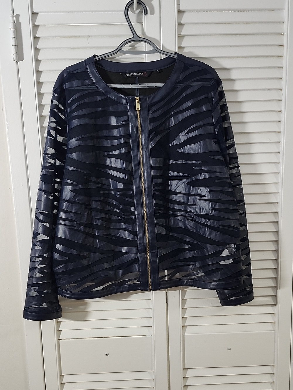 Colleen Lopez Navy Sheer Zebra-Stripe Zip Bomber Jacket